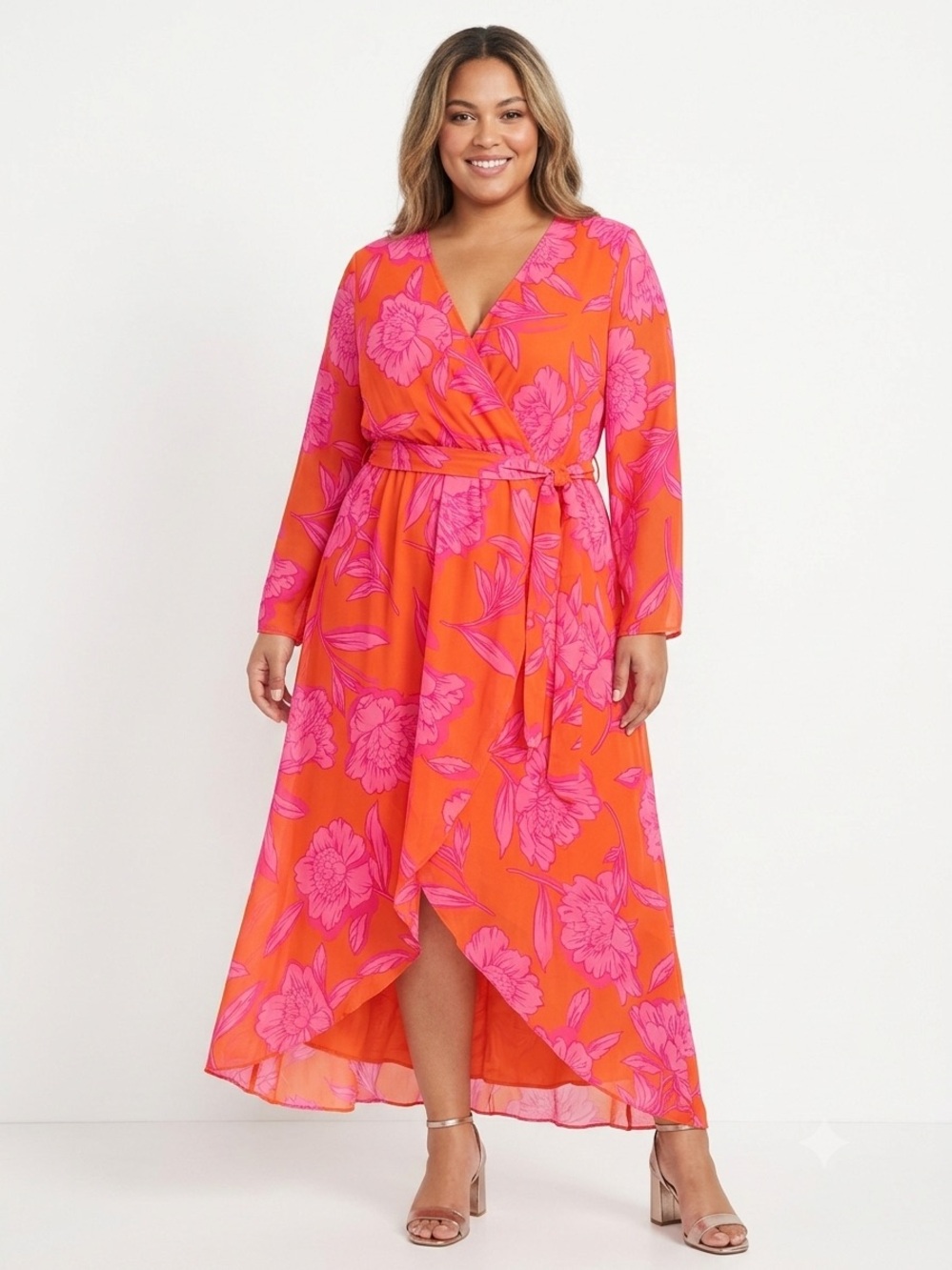 Tropical Floral Faux Wrap Maxi Dress 14 Orange Pink Chiffon Vacation Resort
